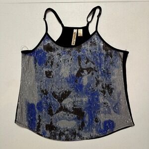 Eye Shadow Lion Graphic Tank Top Blue Gray Sequin Sleeveless Racerback Blouse XL